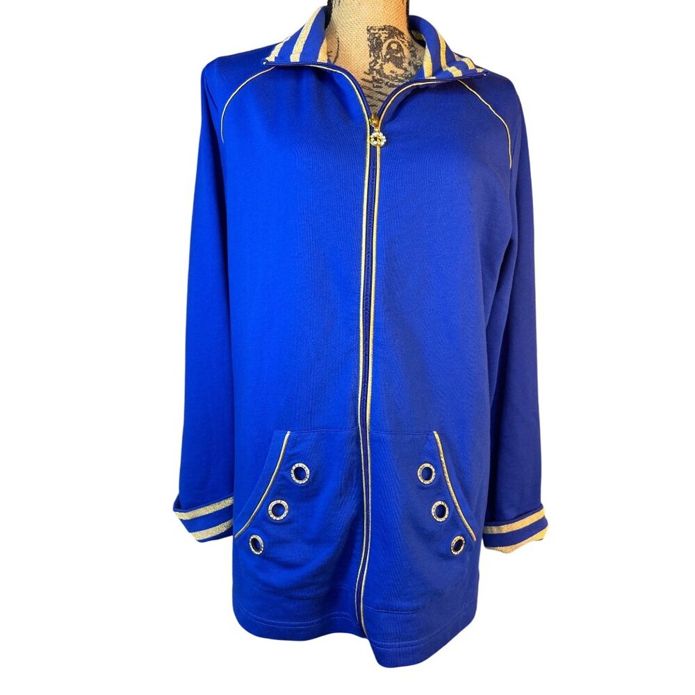 Quacker Factory Womens L Blue & Gold Zip-Up Jacket Nautical Blingy
